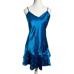 Solange Slip Dress Nightgown Women 14/16 Satin Blue Scoop Hem Flouncy Romantic